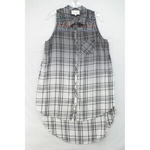 Miss Me Shirt Dress Medium Gray Embroidered Ombre Boho Flannel High Low Tunic